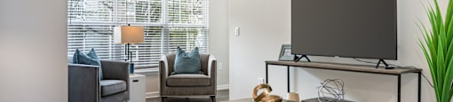 A living room with a grey sofa, a black TV, and a wooden coffee table.