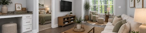 A living room with a brown rug, a white couch, and a wooden coffee table.