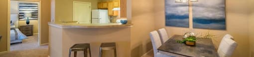 a dining room and kitchen with a table and chairs