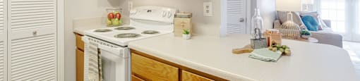 kitchen with white appliances and white countertops with light cabinetry