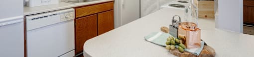 kitchen with white appliances and white countertops with light cabinetry
