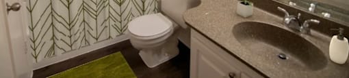 a bathroom with a shower curtain and a sink and a toilet