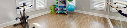 a workout room with a bike and balls in it