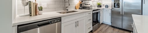 A modern kitchen with white cabinets and stainless steel appliances.