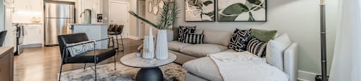 a living room with a couch and a table