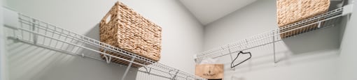 spacious walk in closet with shelves and baskets at the preserve at greatstone