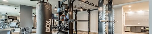 A gym with a punching bag and weightlifting equipment.
