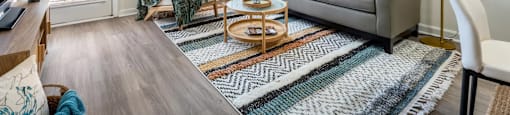 A living room with a grey couch, a coffee table, and a rug.