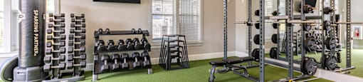 a home gym with weights and a tv on the wall