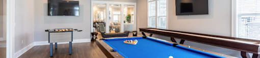 a game room with a pool table and a television