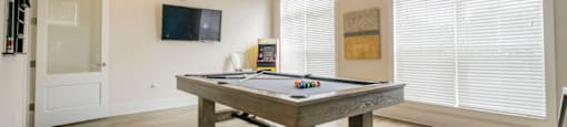 a game room with a pool table and a tv
