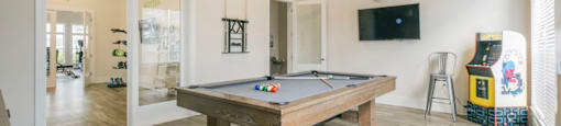 a games room with a pool table and a television