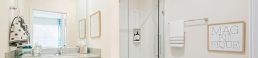 a bathroom with a shower and a sink and a toilet