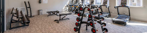 Fitness center with dumbbells, bench, and large windows