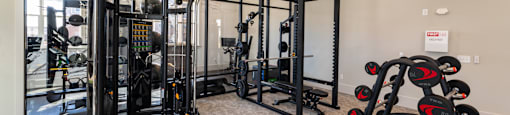 Fitness center with cable machine and squat machine