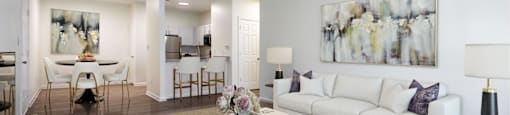 Living room with coffee table and dining room area