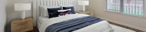 a bedroom with a bed and a ceiling fan