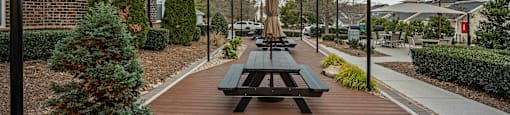 A park with a bench and a tree in front of a building.