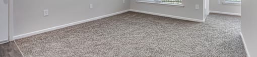 A room with a carpeted floor and a window with blinds.