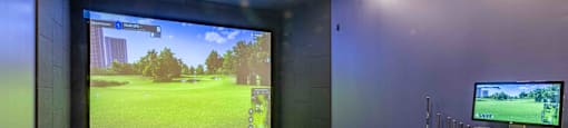 a game room with a large screen tv and a green carpet