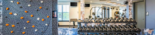 a large training room with a large row of chairs and a rock climbing wall