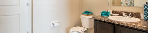 A bathroom with a toilet, sink, and mirror.