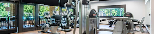 the gym is equipped with state of the art equipment including cardio machines and weights