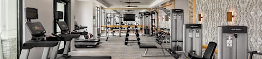 A gym with treadmills, weights, and a fan.