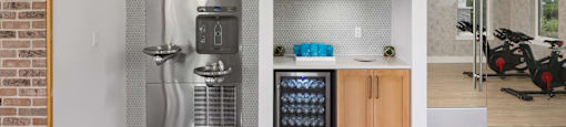 A kitchen with a brick wall and a stainless steel refrigerator.
