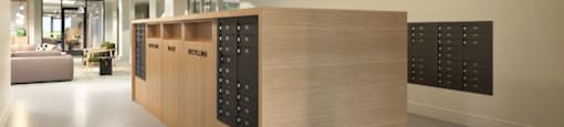 A mail room at Boardwalk at Research Park apartments in Huntsville, AL.