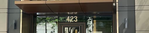 the entrance to a building on a city street