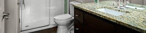 State Street Flats, 1 bedroom apt floor plan, bathroom with a toilet, sink, and shower.