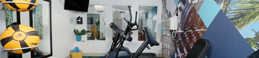 Gym at Watermark luxury Apartments in Lakeland, Fl with three cardio machines, exercise balls, and wall air conditioning unit.