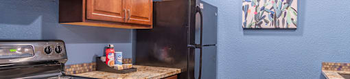 canyon oaks clubhouse kitchen with plenty of cabinetry, a stove, and a fridge