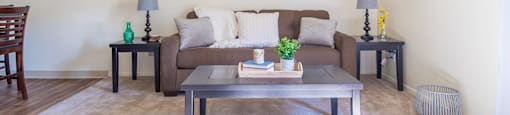 The Springs living room with carpet flooring and ceiling fans