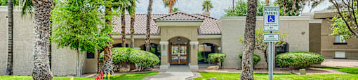 a sidewalk in front of a building with palm trees