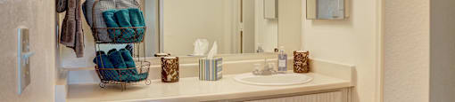Modern apartment vanity sink in bathroom.