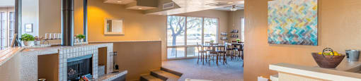 Clubhouse with fireplace and seating near large room with windows for walls.