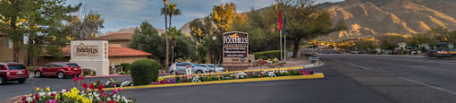 Foothills community sign with well kept entrance accompanied by colorful flowers