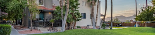 large grass area in front of apartment with palm tress