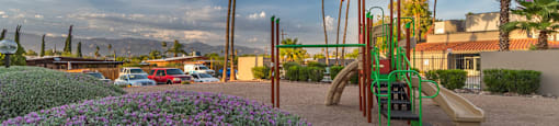 Lavender bush with playground in sand, blue cloudy sky