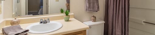 Cantera bathroom with sink, shower, and drawers