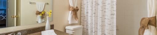 Cantera bathroom with shower, sink, and drawers