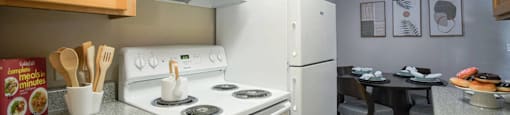 A kitchen with a white stove and refrigerator.