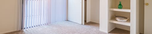 Bedroom with closet next to shelves and sliding glass door with blinds