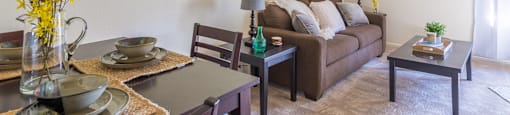 The Springs living room with nice natural lighting and carpet flooring
