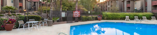 Enclave large pool view with lounging space and trees surrounding