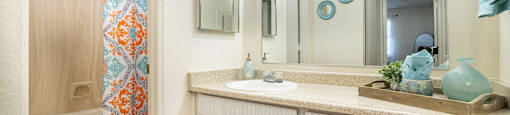 a bathroom with a sink and a shower and a mirror