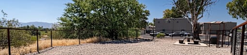 an empty dog park with trees and a fence