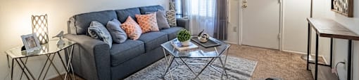 our apartments offer a living room with a couch and a coffee table